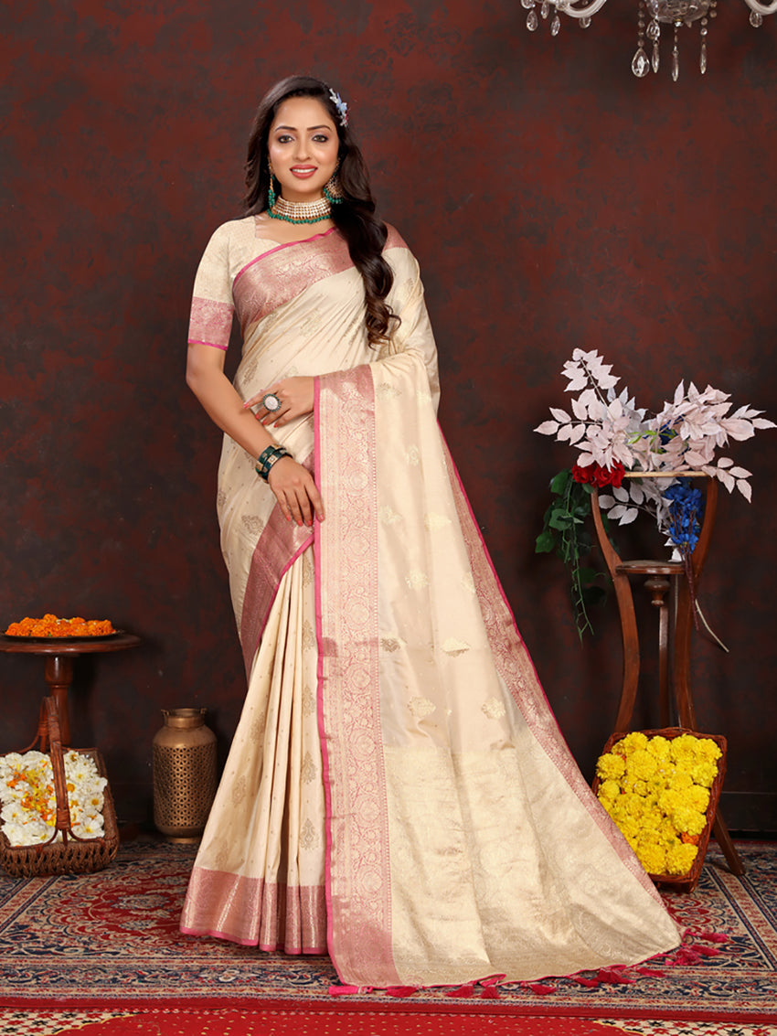 Cream Soft Katan Silk Saree with Elegant Zari Woven Pallu