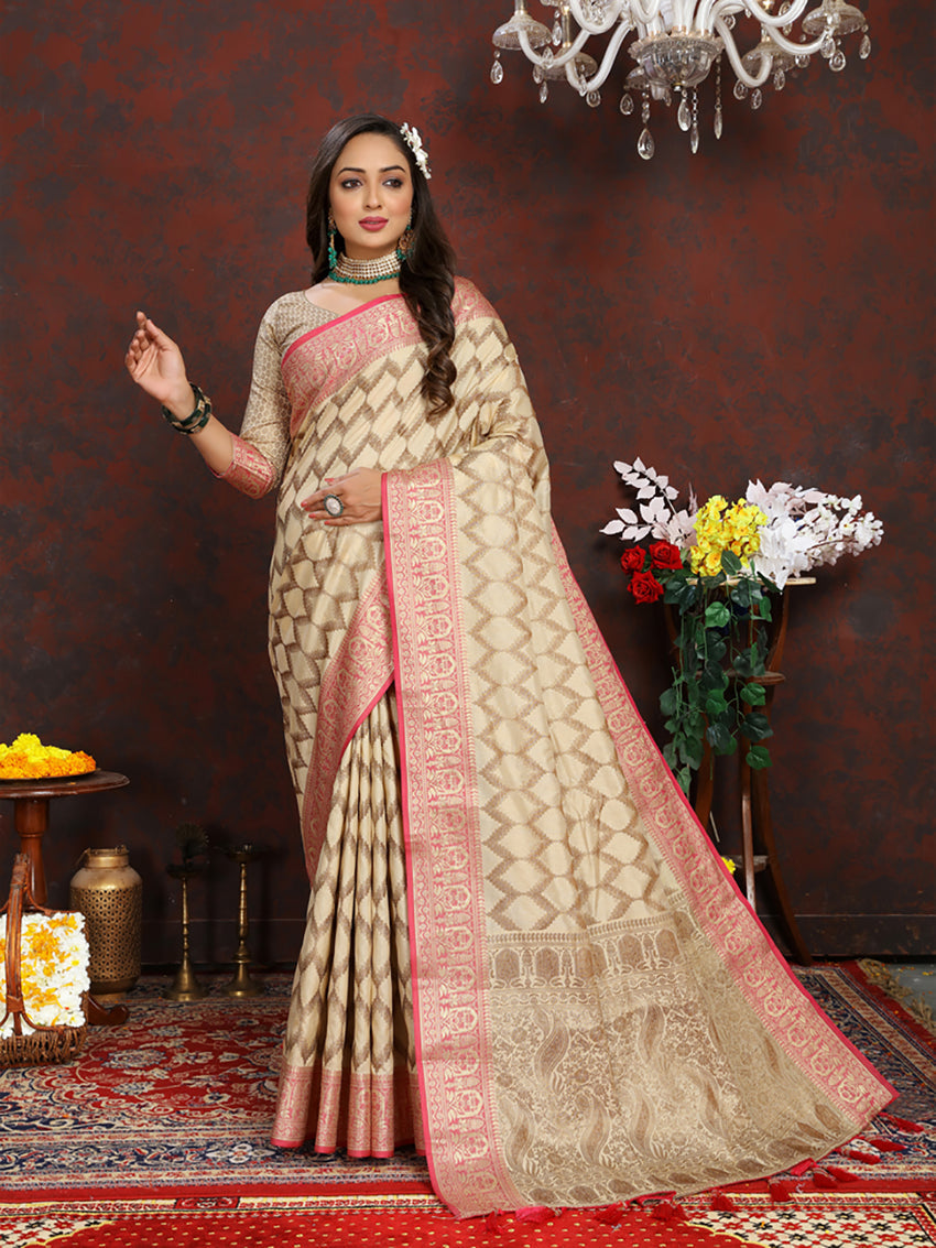 Cream Soft Katan Silk Saree with Rich Zari Weaving Pallu