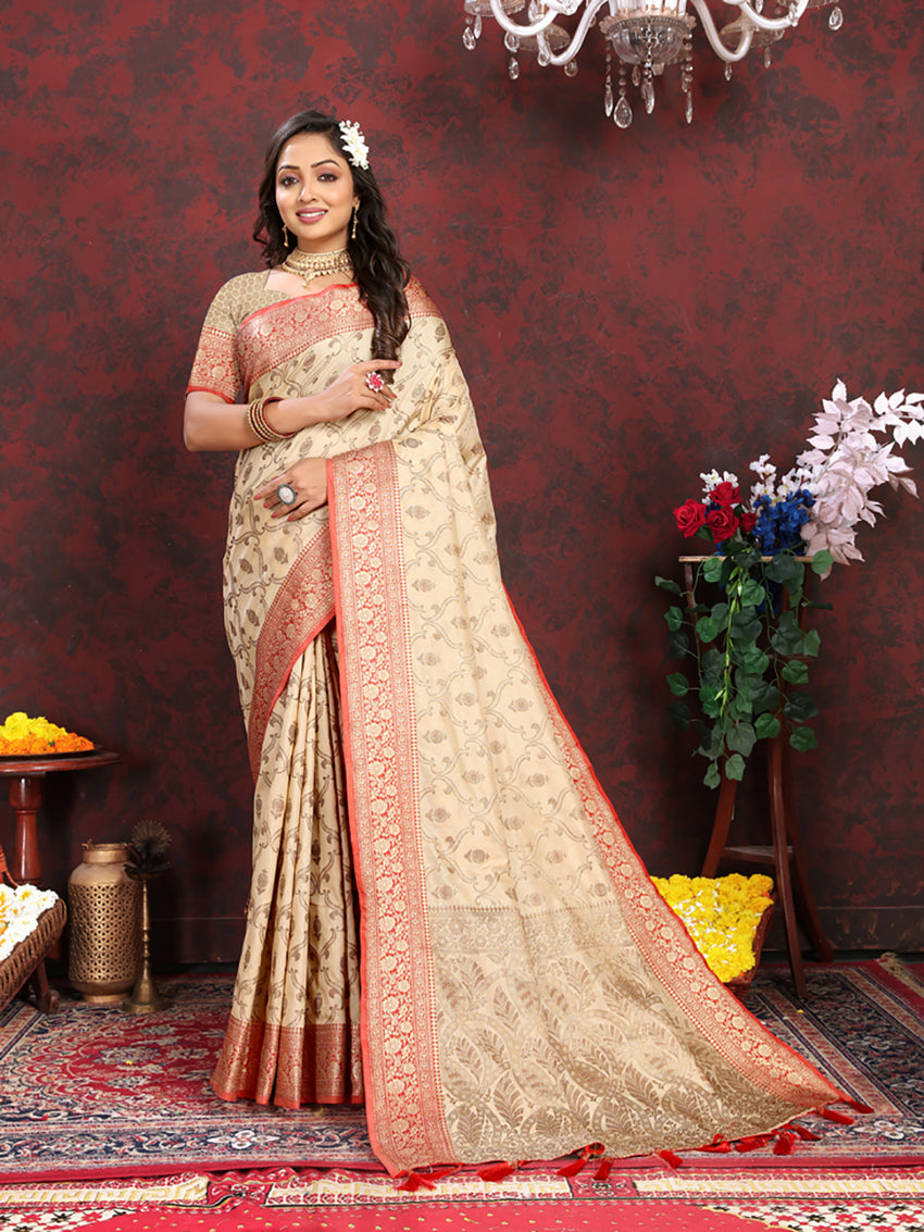 Cream Soft Katan Silk Saree with Elegant Zari Weaving Pallu