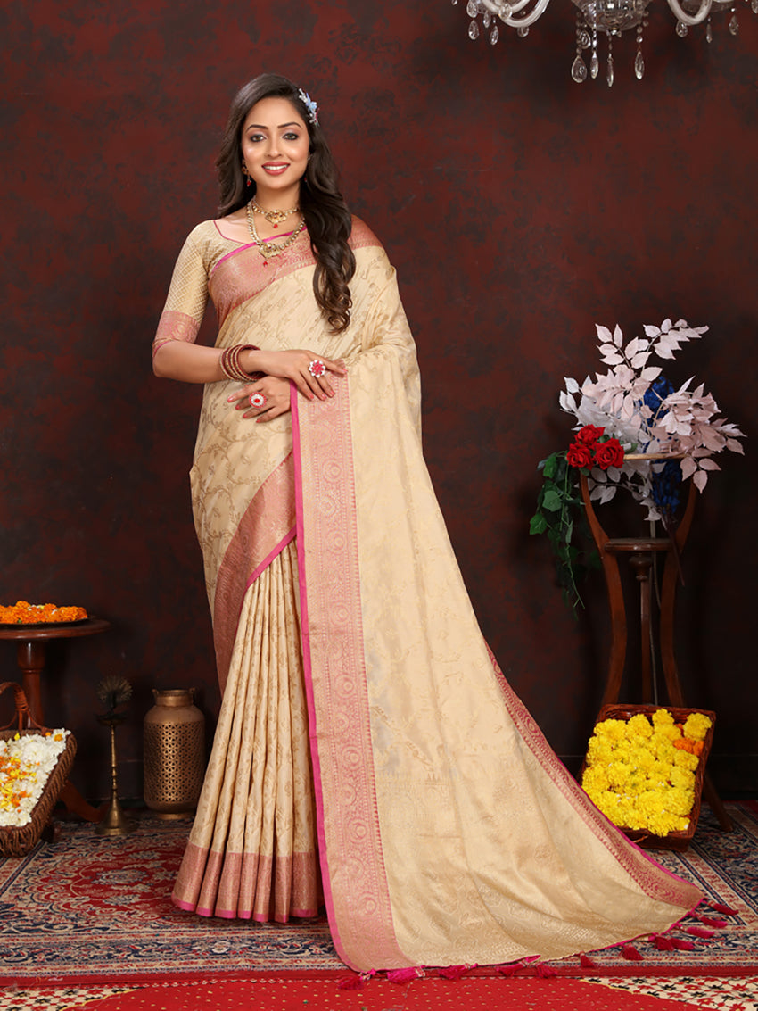 Cream Soft Katan Silk Saree with Elegant Zari Weaving Pallu