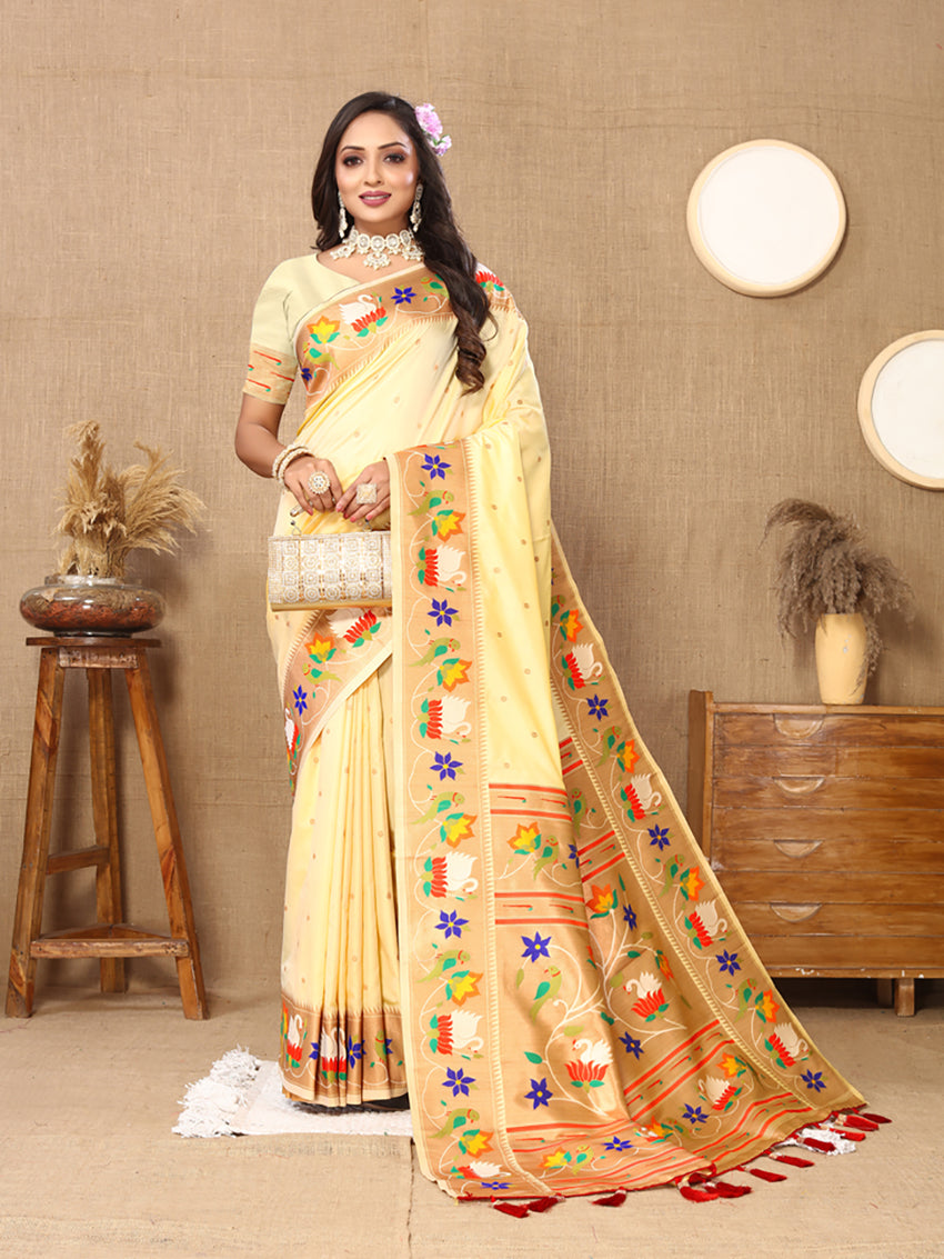 Cream Soft Paithani Silk Saree with Rich Zari Meenakari Weaving