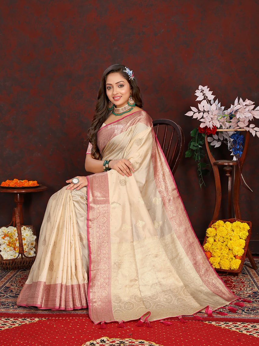 Cream Soft Katan Silk Saree with Elegant Zari Woven Pallu