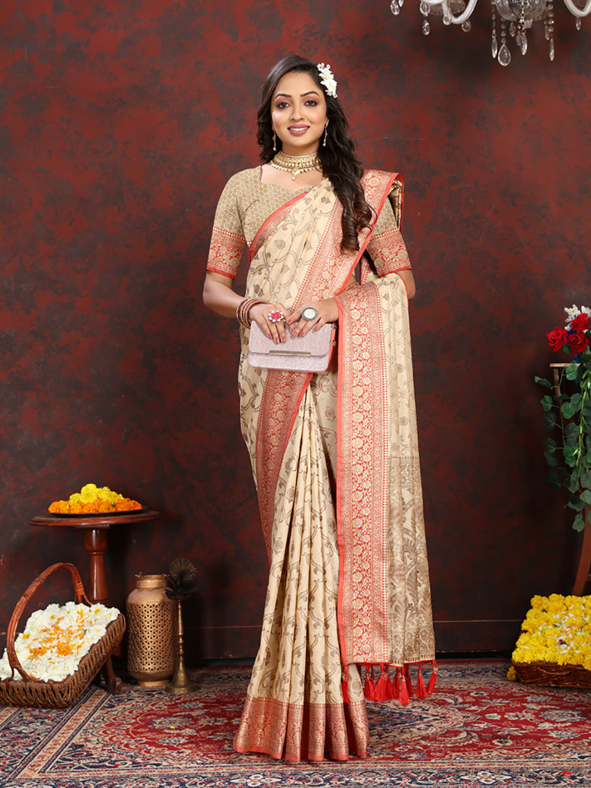 Cream Soft Katan Silk Saree with Elegant Zari Weaving Pallu