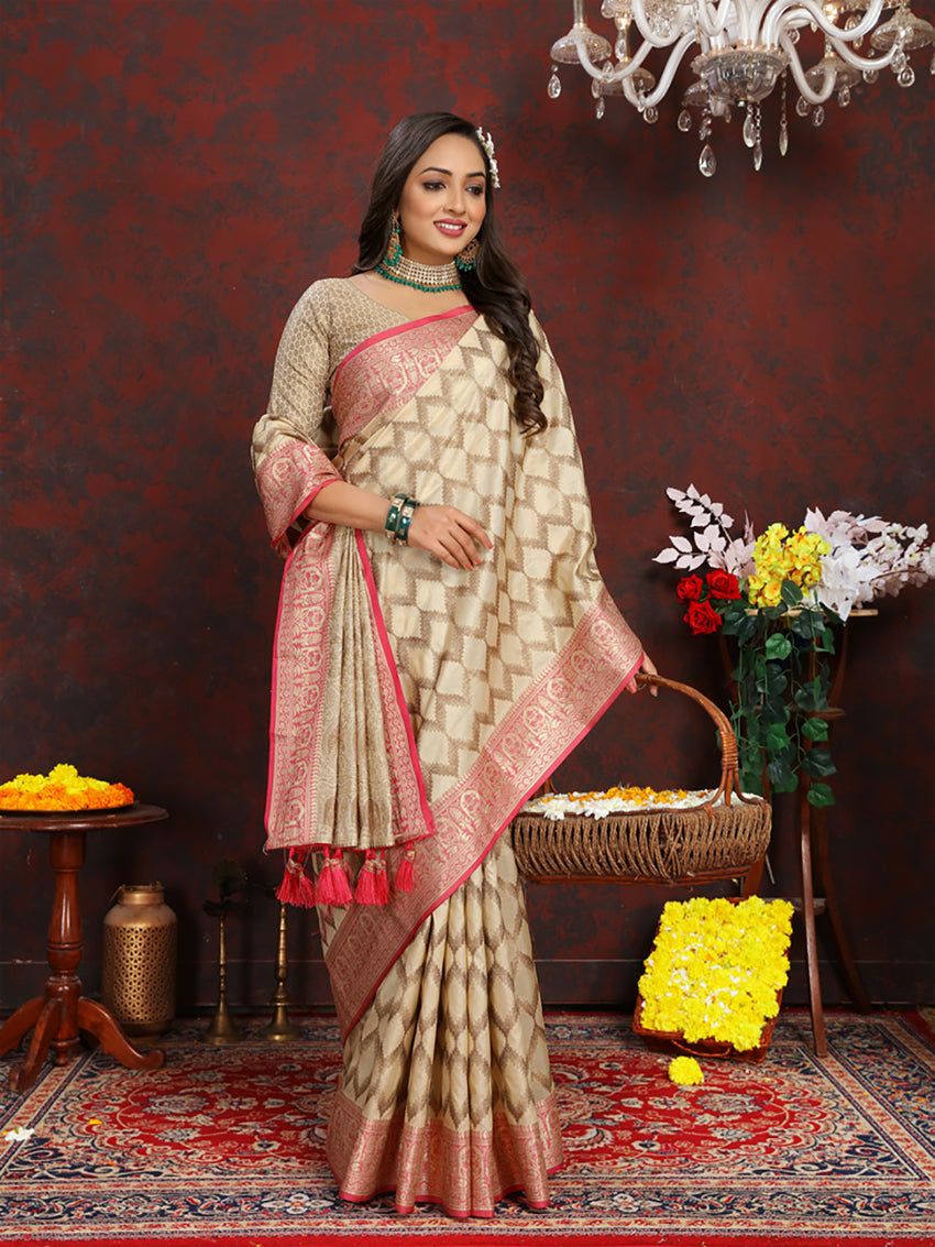 Cream Soft Katan Silk Saree with Rich Zari Weaving Pallu
