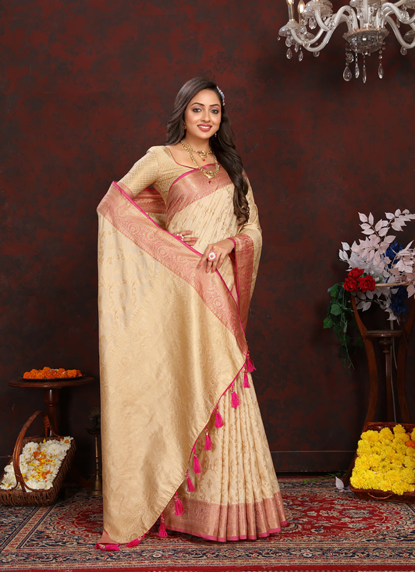 Cream Soft Katan Silk Saree with Elegant Zari Weaving Pallu