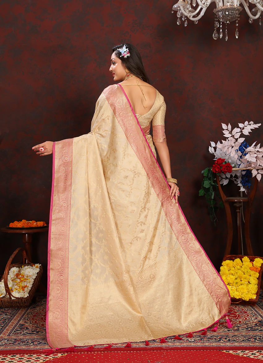 Cream Soft Katan Silk Saree with Elegant Zari Weaving Pallu