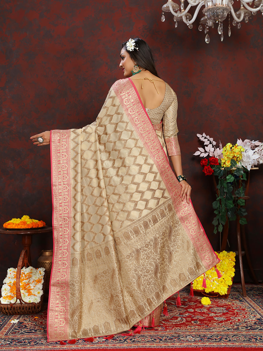 Cream Soft Katan Silk Saree with Rich Zari Weaving Pallu