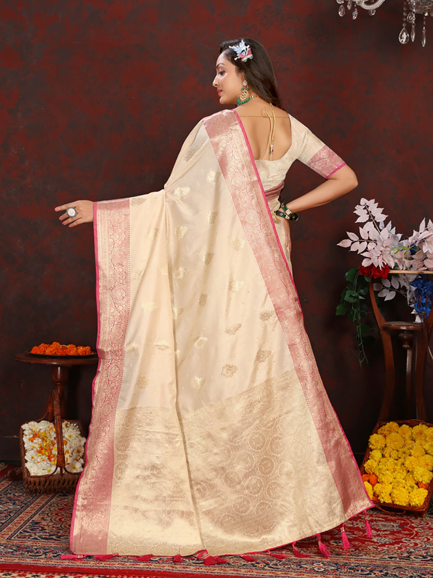 Cream Soft Katan Silk Saree with Elegant Zari Woven Pallu