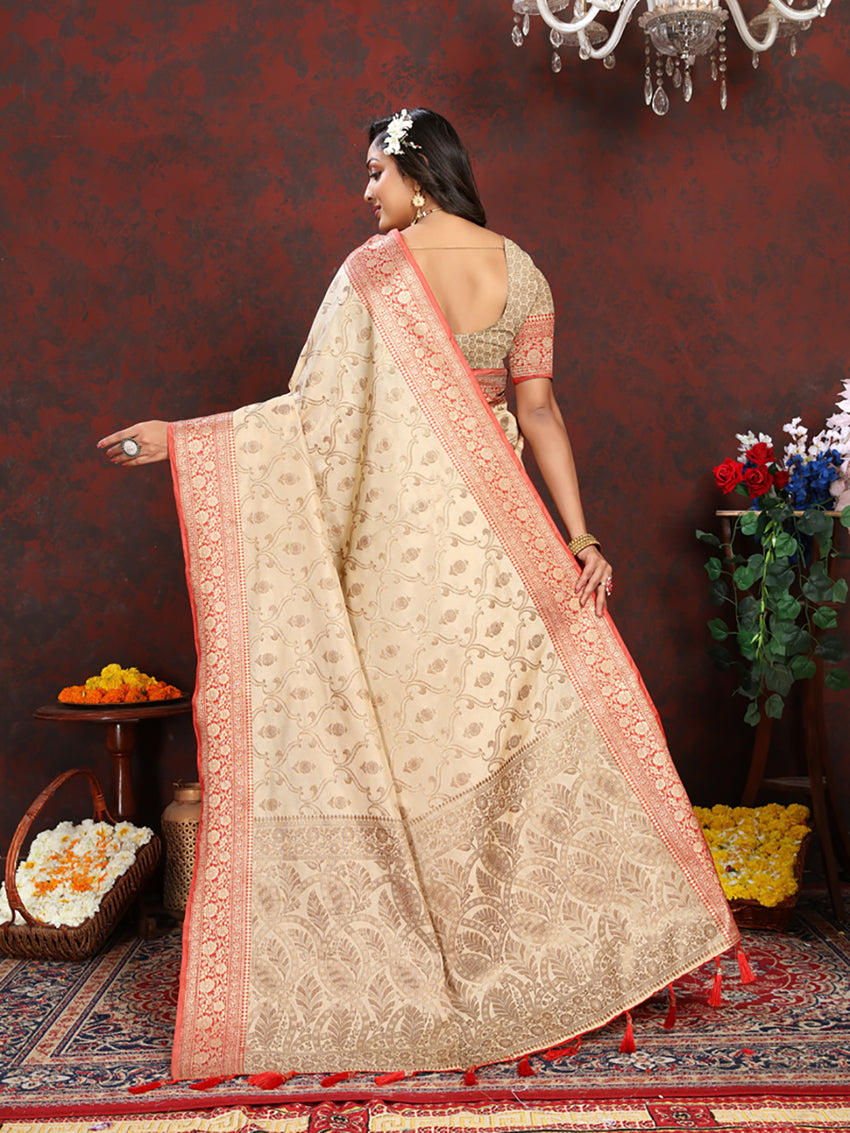 Cream Soft Katan Silk Saree with Elegant Zari Weaving Pallu