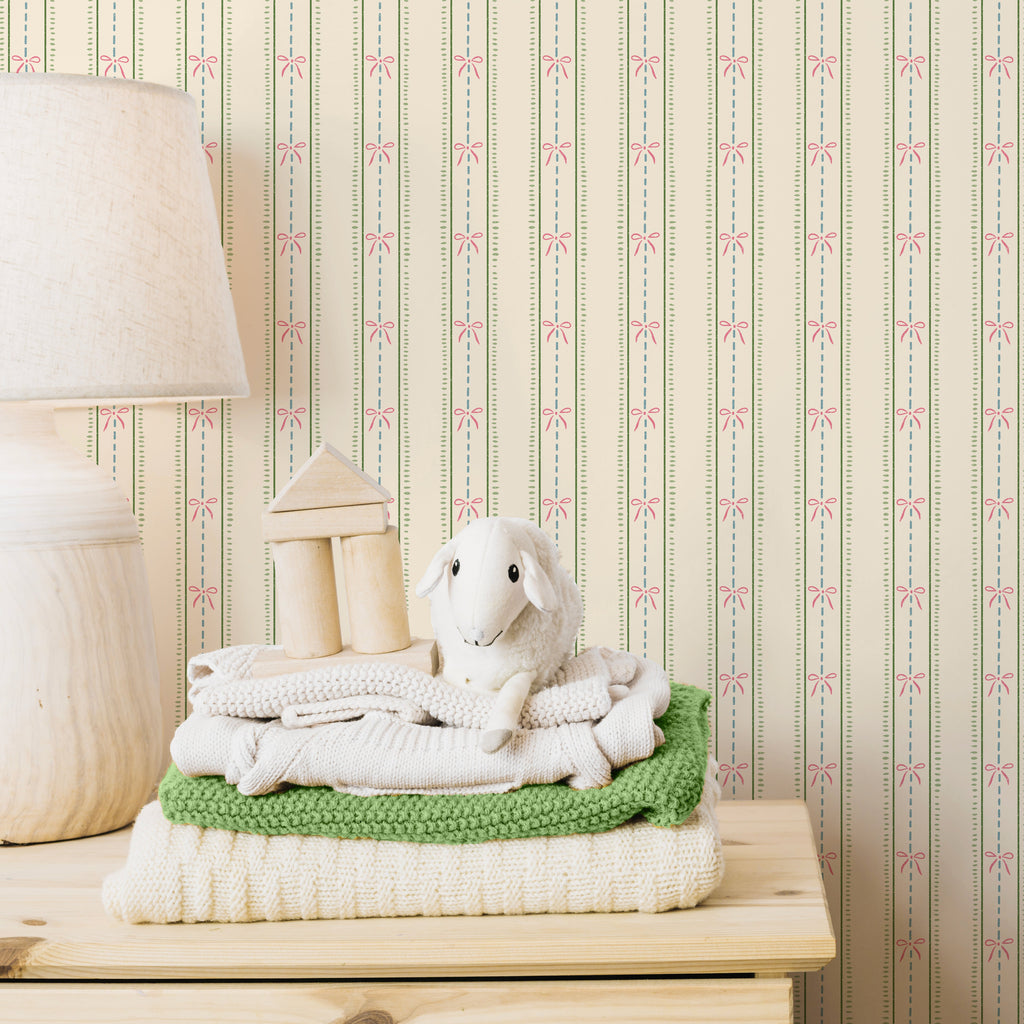 Lena Striped Wallpaper in Pastel Blue, Pink and Cream