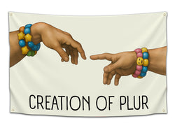 Baby and toddler graphic t-shirt featuring the Creation of PLUR parody art design with hands stacked with kandi.