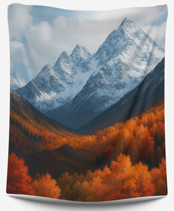 Crimson Peaks tapestry showing icy mountains over a blazing autumn forest