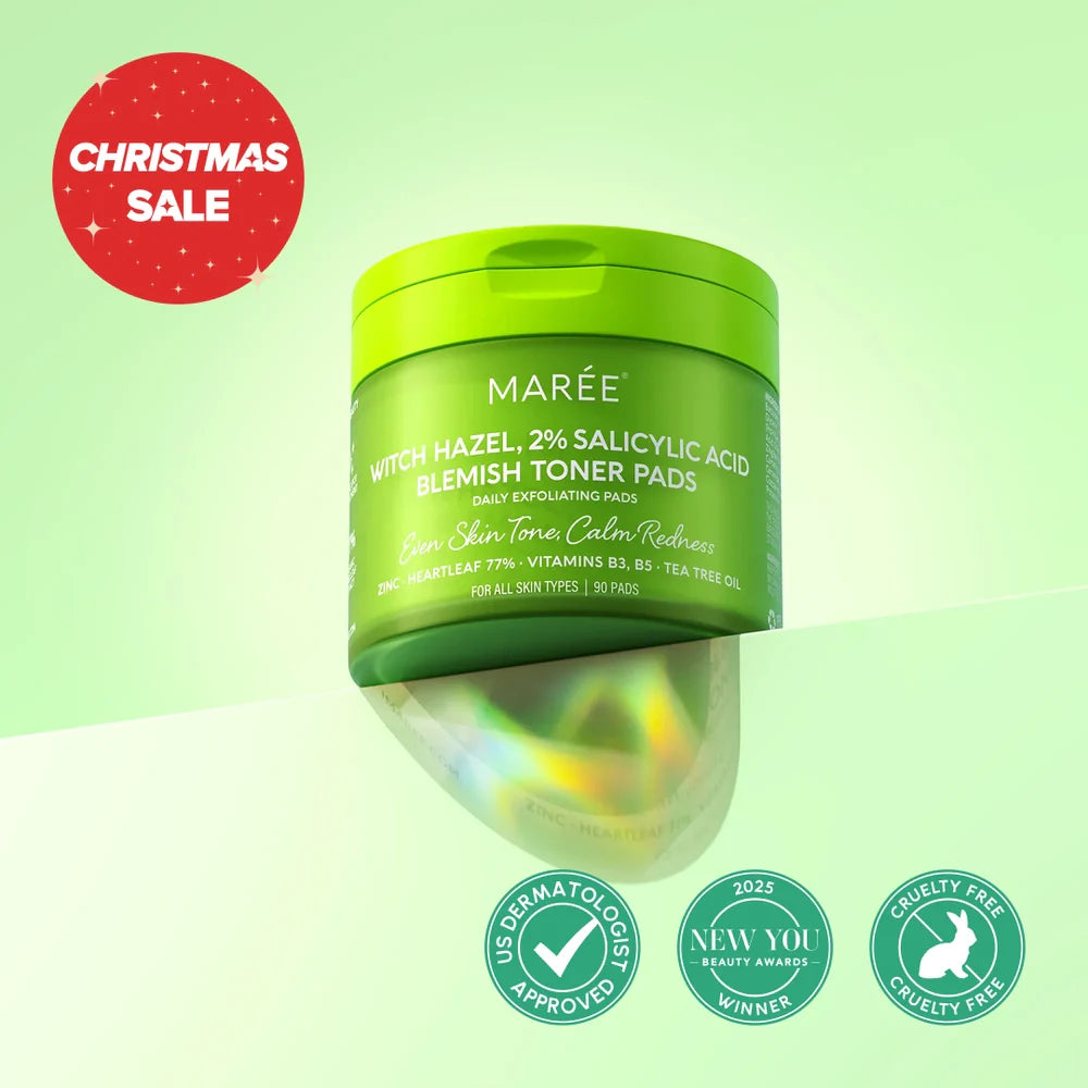 Maree Witch Hazel and 2% Salicylic Acid Blemish Toner Pads container and model using a pad.