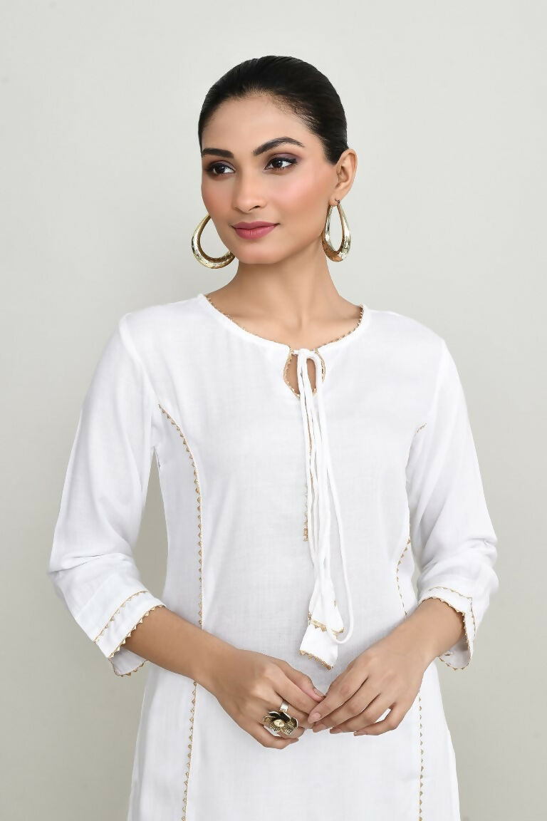Women's White Rayon Kurta Set with Embroidery and Palazzo Pants