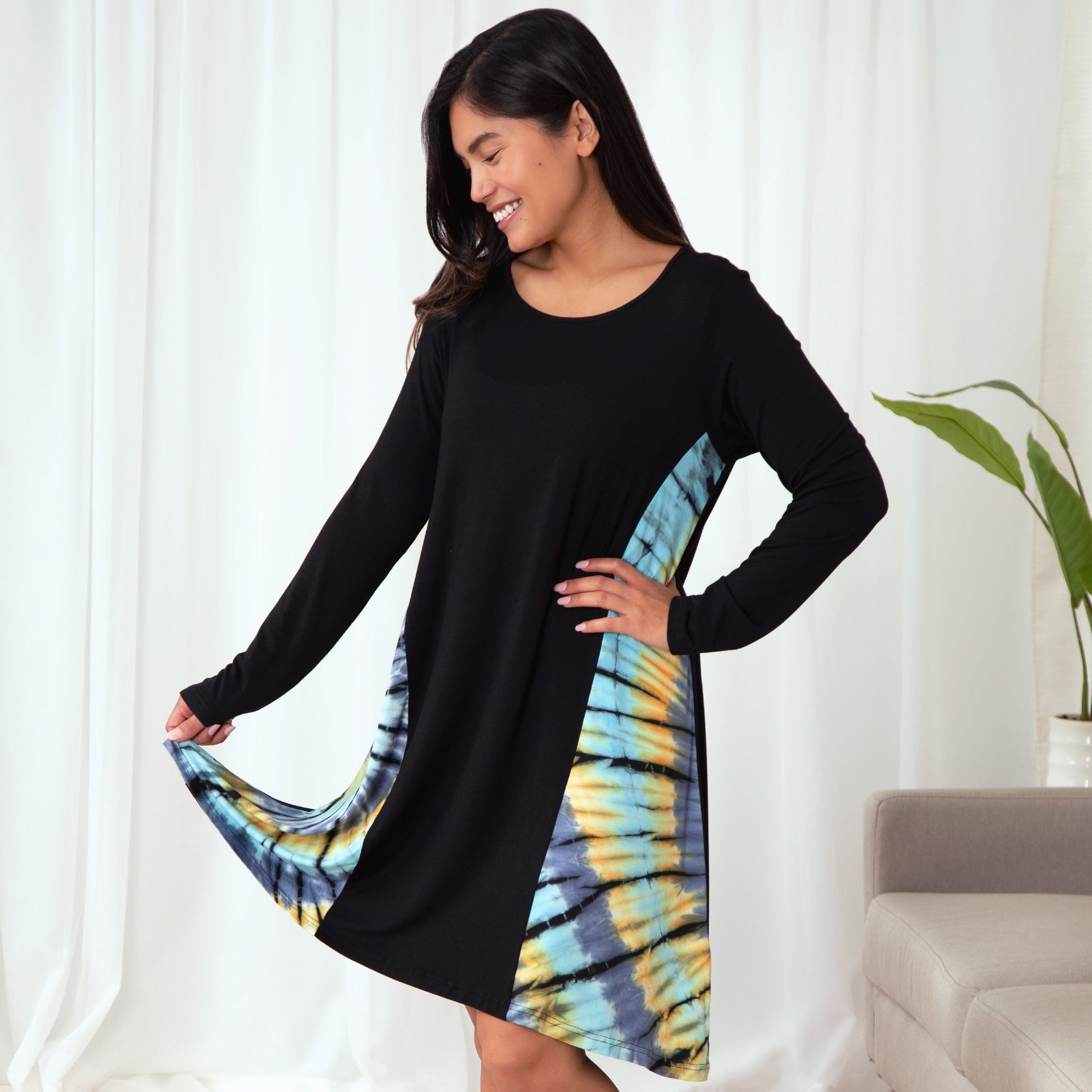 Long Sleeve Tie-Dye Side Panel Dress