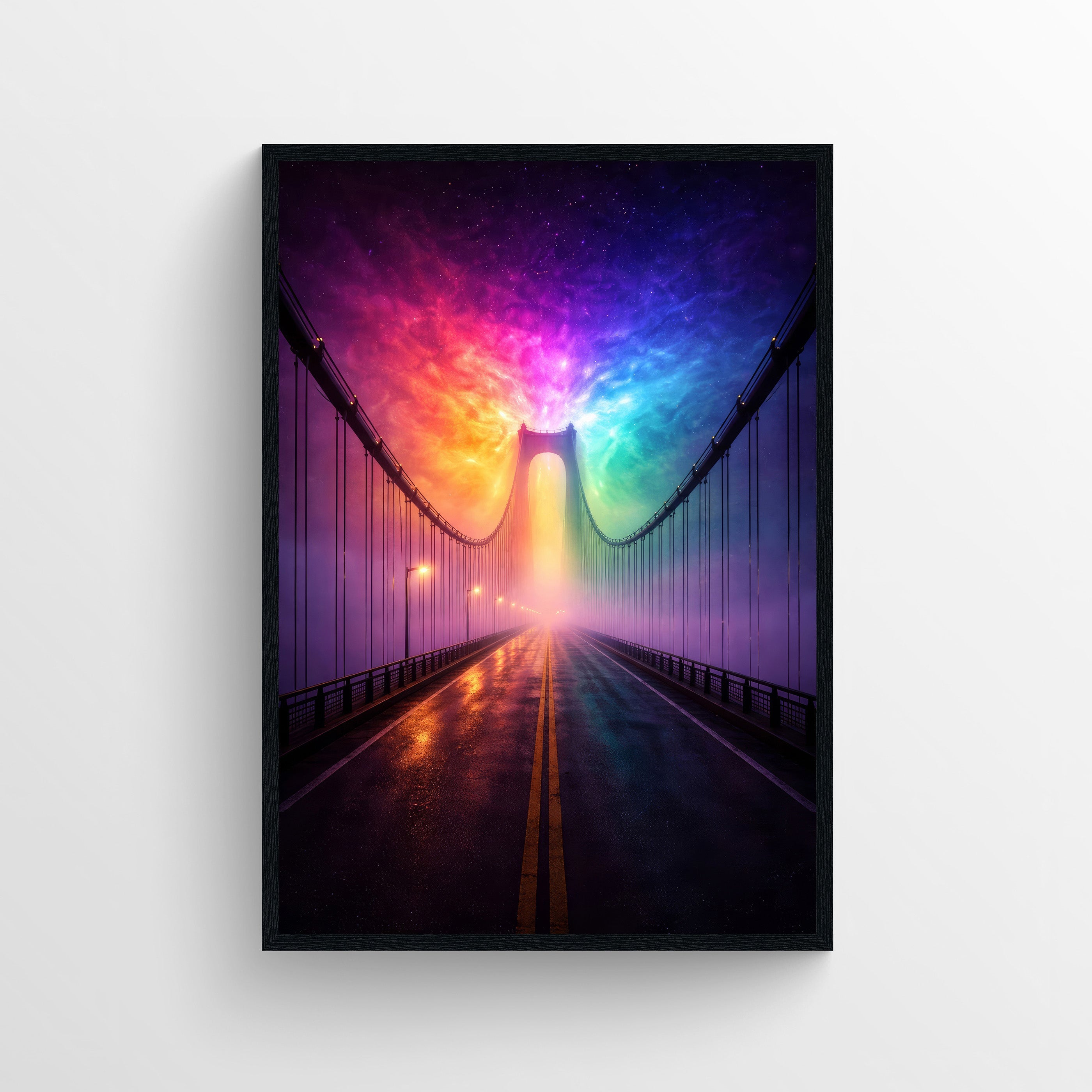 A trippy poster showing a bridge vanishing into a burst of neon spectral colors.