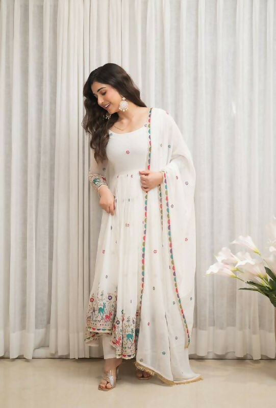 White Georgette Sequence Embroidery Readymade Kurta Set