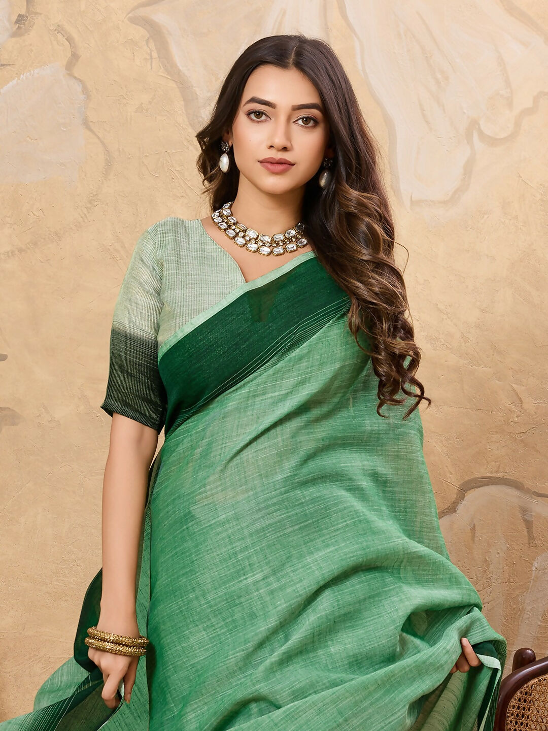 Pista Green Linen Saree with Matching Blouse Piece