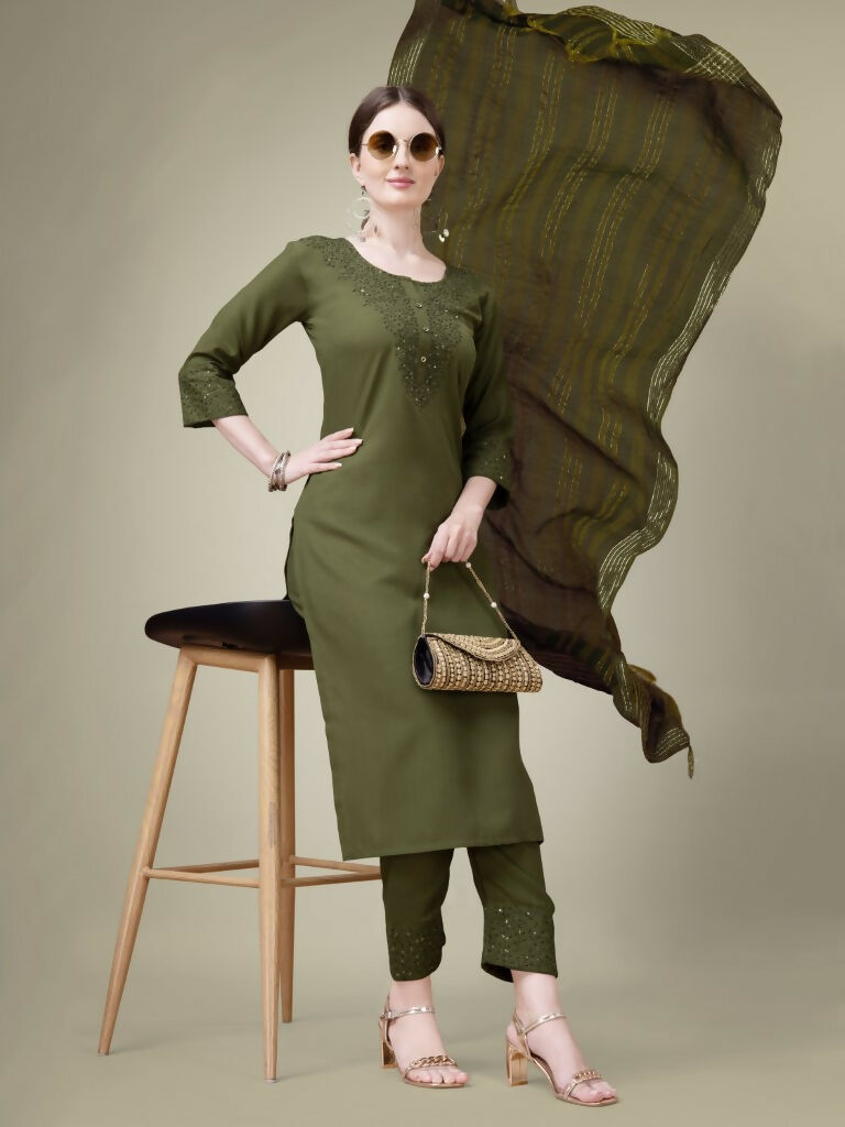 Mehendi Cotton Blend Straight Kurta with Trouser and Dupatta Set