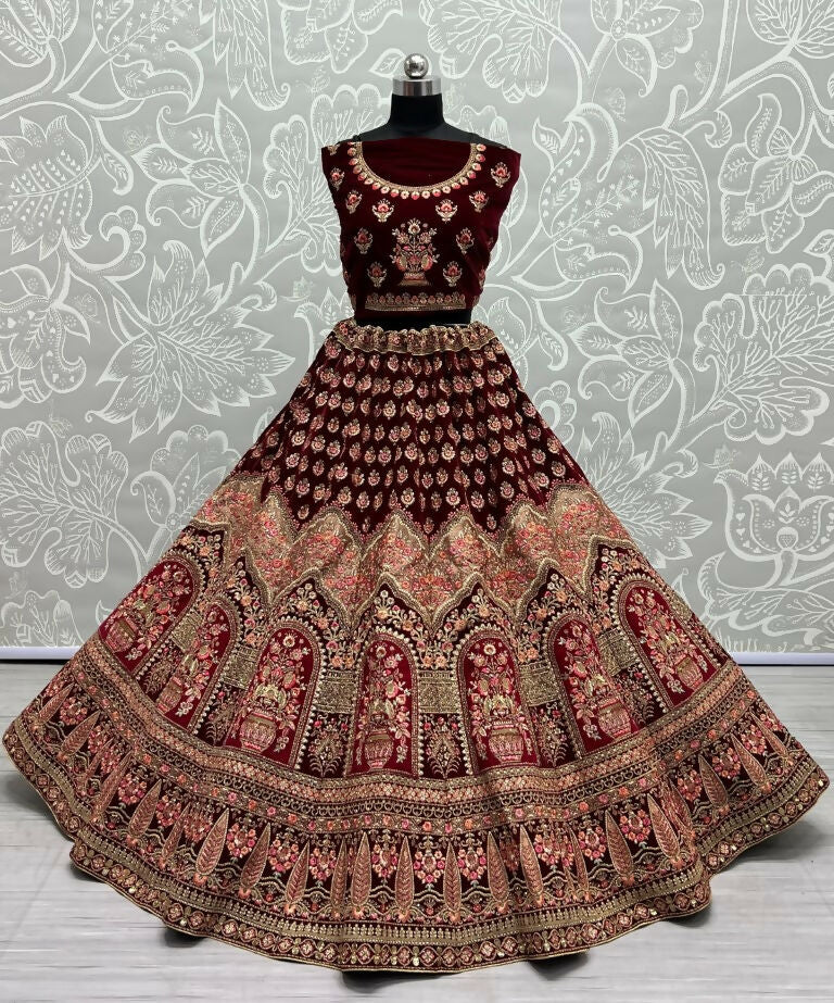 Maroon Velvet Embroidered Wedding Lehenga Choli with Zircon