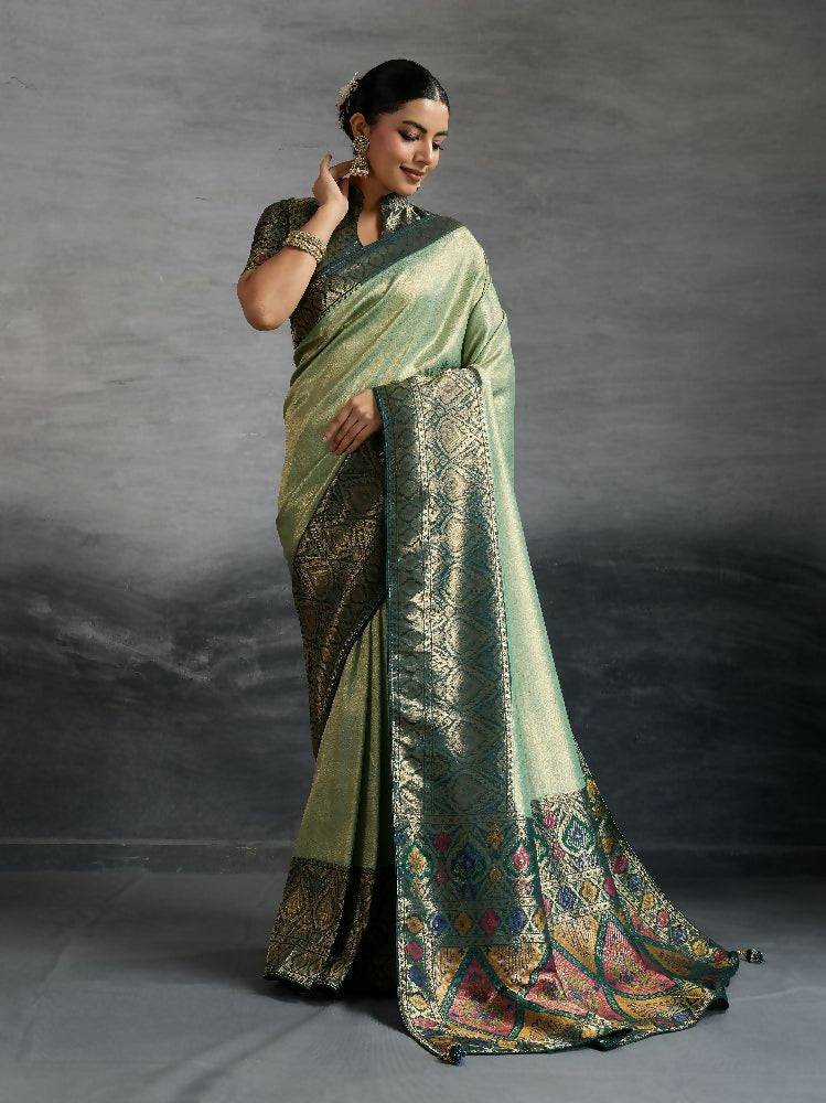Elegant Grey Kanjivaram Soft Silk Saree with gold double zari border and Meenakari pallu