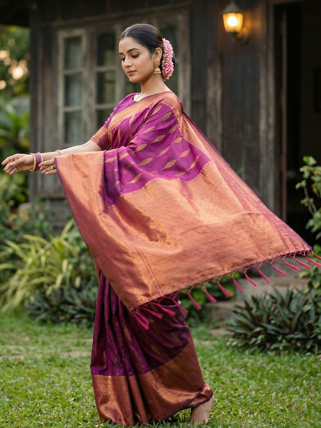Purple Silk Blend Saree with Matching Unstitched Blouse Piece
