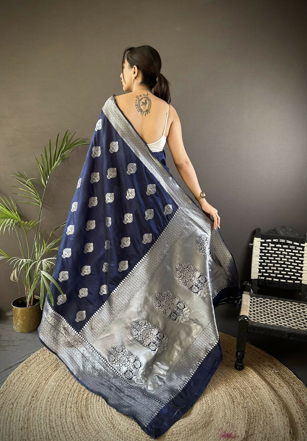 Navy Blue Floral Soft Silk Banarasi Saree with Matching Blouse