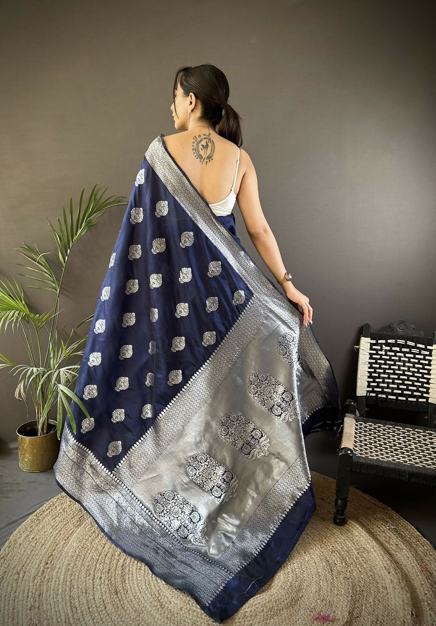 Navy Blue Floral Soft Silk Banarasi Saree with Matching Blouse