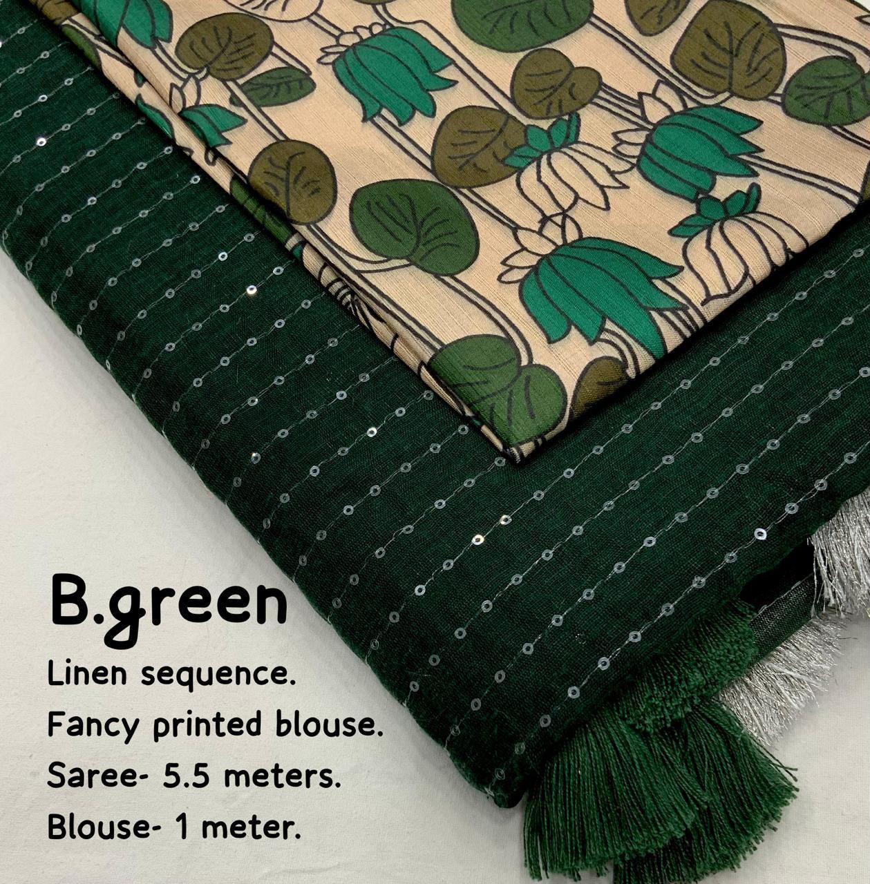 Green Linen Saree with Golden Pattu Border and Unstitched Blouse