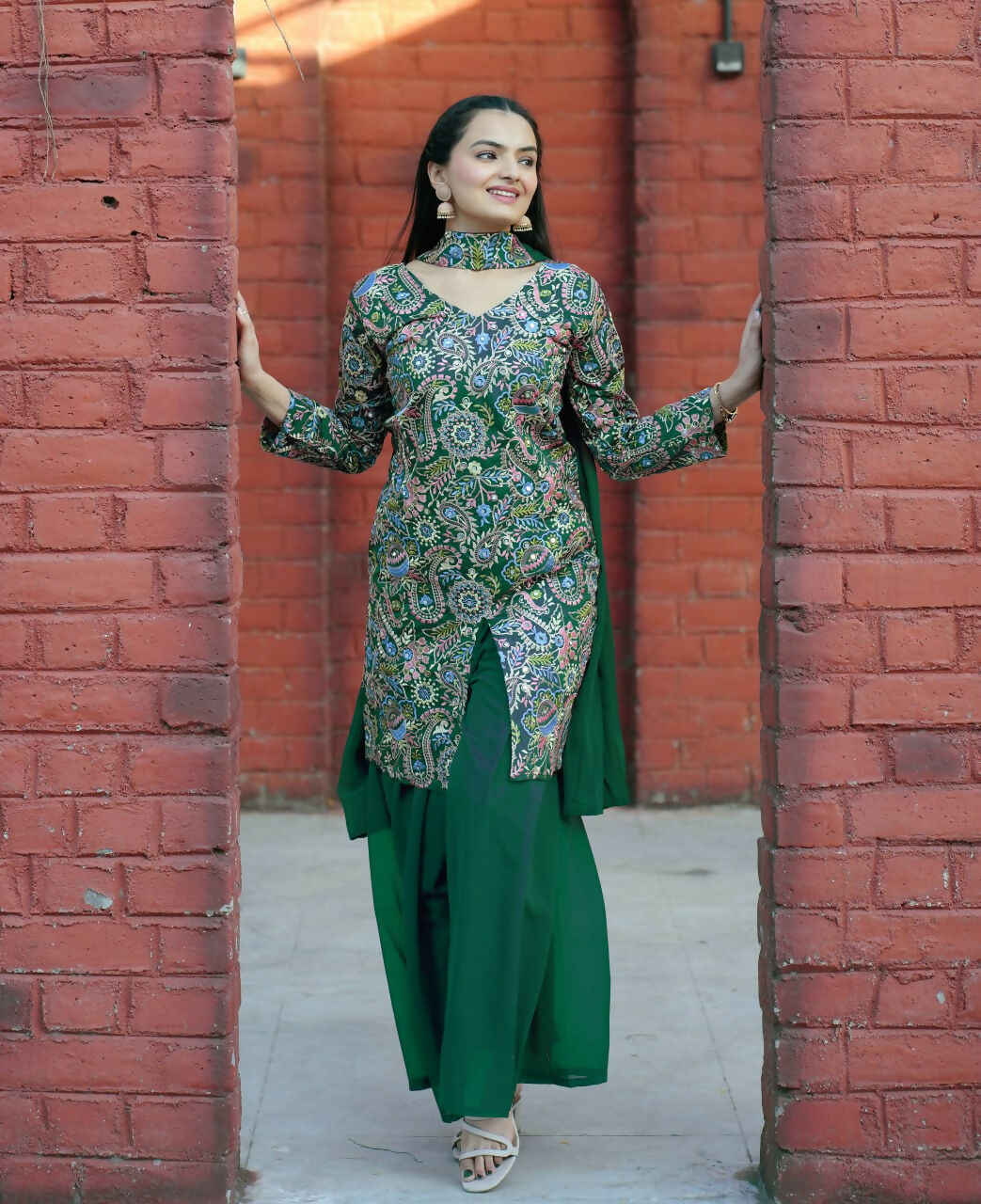 Green Silk Embroidered Sharara Set - Traditional Kurti Outfit