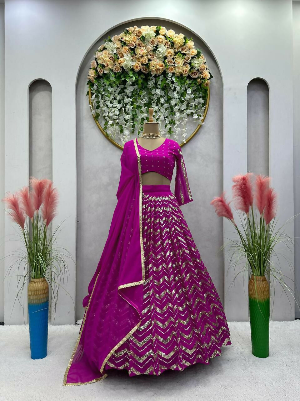 Wine Faux Georgette Sequin Embroidered Lehenga Choli Set