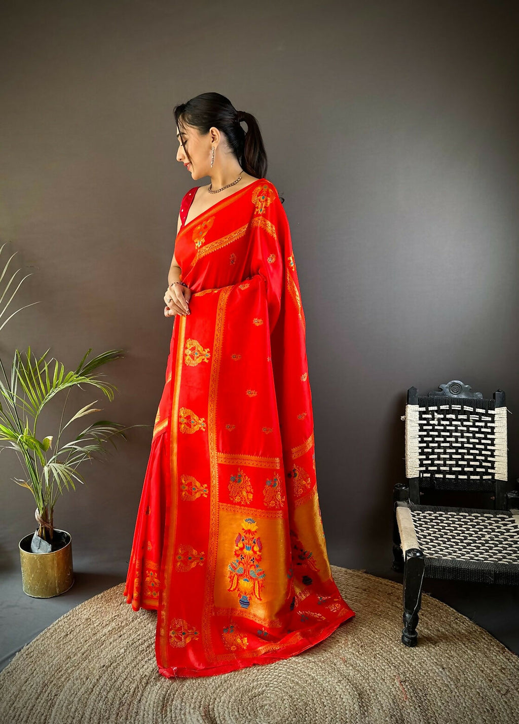Red Meenakari Weaving Paithani Saree in Soft Silk