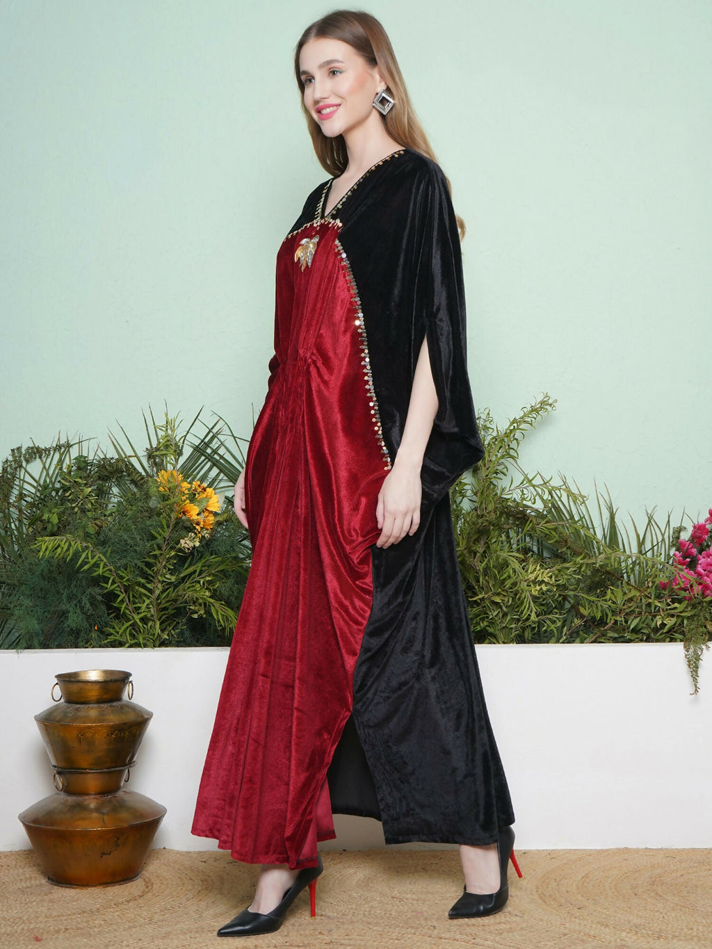 Black and Maroon Hand Embellished Velvet Gown for Women
