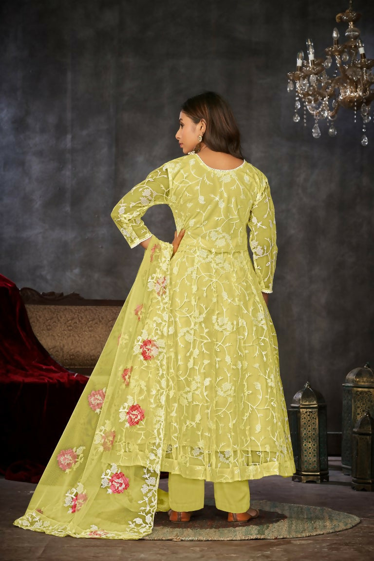 Yellow Embroidered Net Anarkali Kurta Pant Set with Dupatta