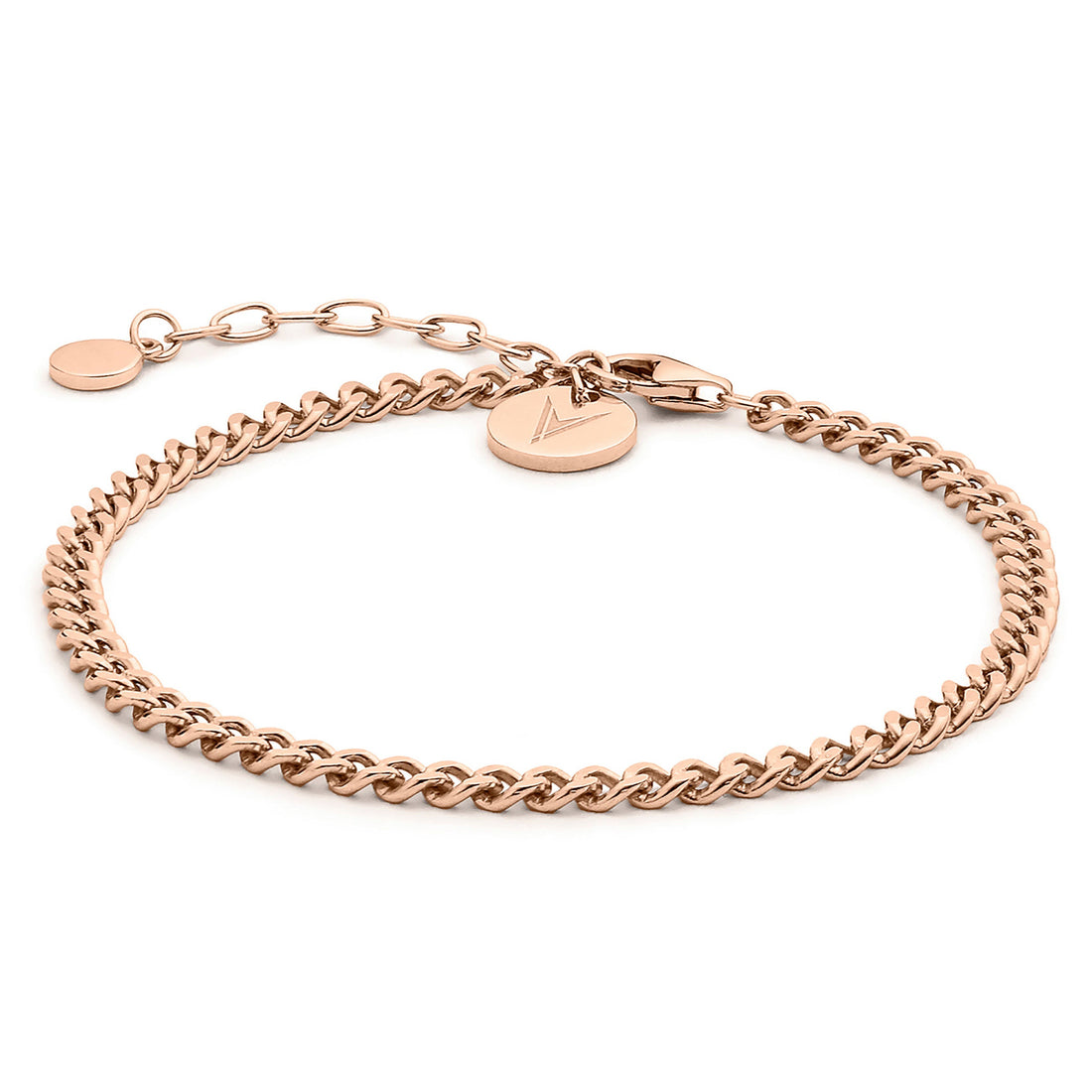 Close up of a polished rose gold Cuban link bracelet on a white background