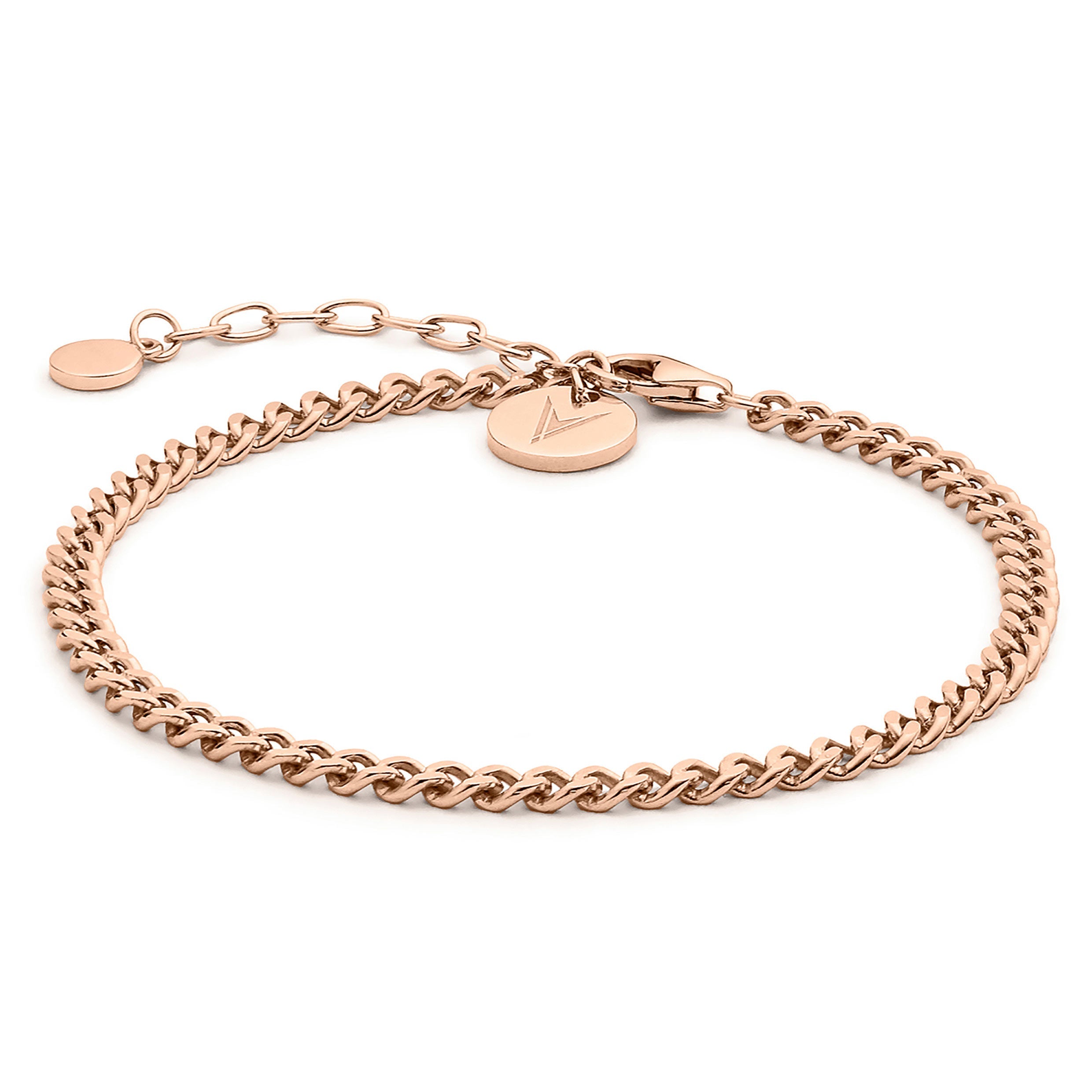 Close up of a polished rose gold Cuban link bracelet on a white background