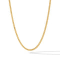 Close-up of a 3mm polished 14k gold plated curb chain necklace resting on a surface.