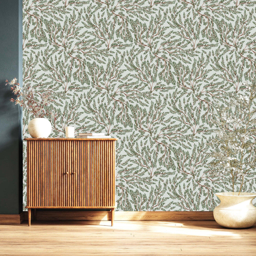 Cullen bohemian wallpaper in green, brown, off-white, and blue