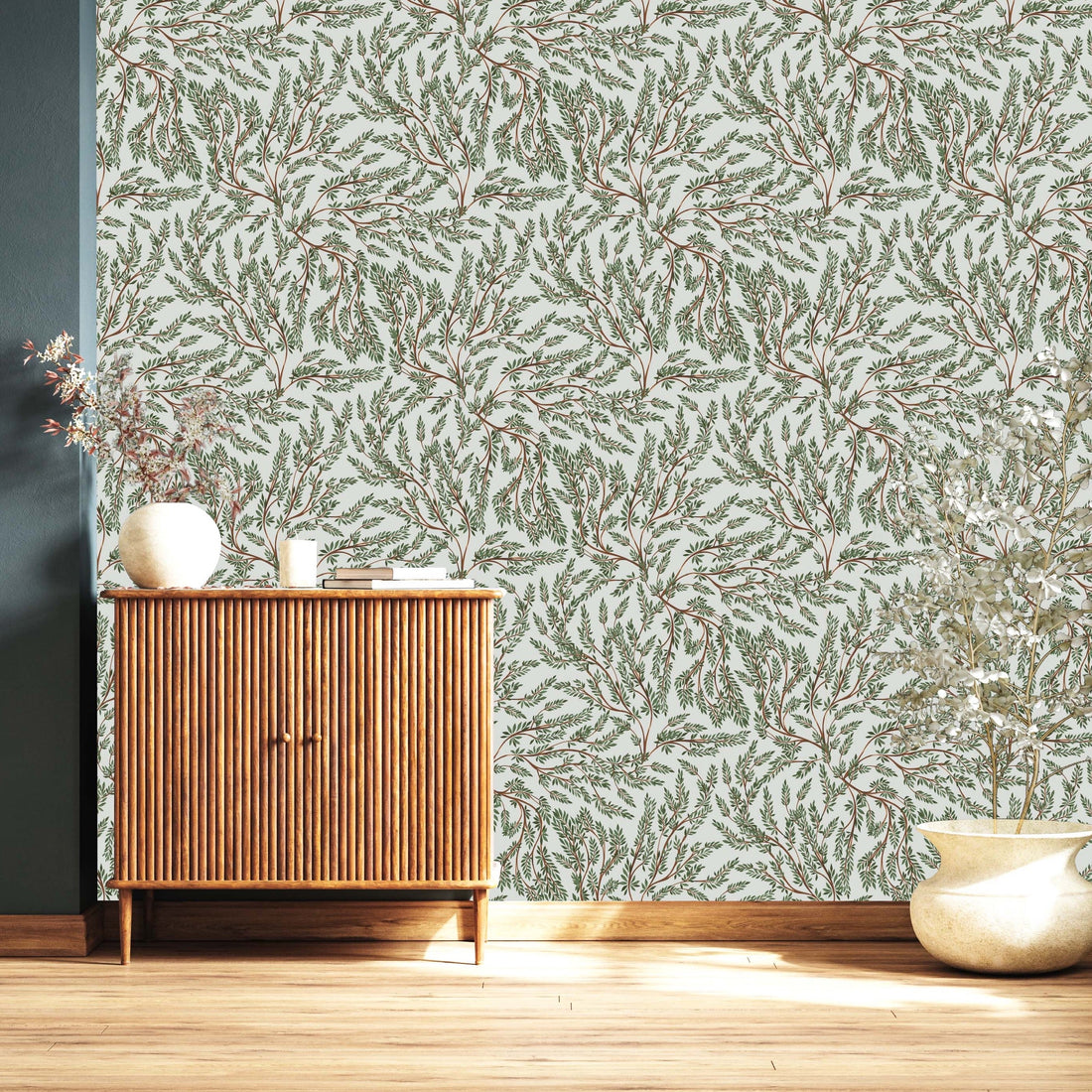 Cullen bohemian wallpaper in green, brown, off-white, and blue