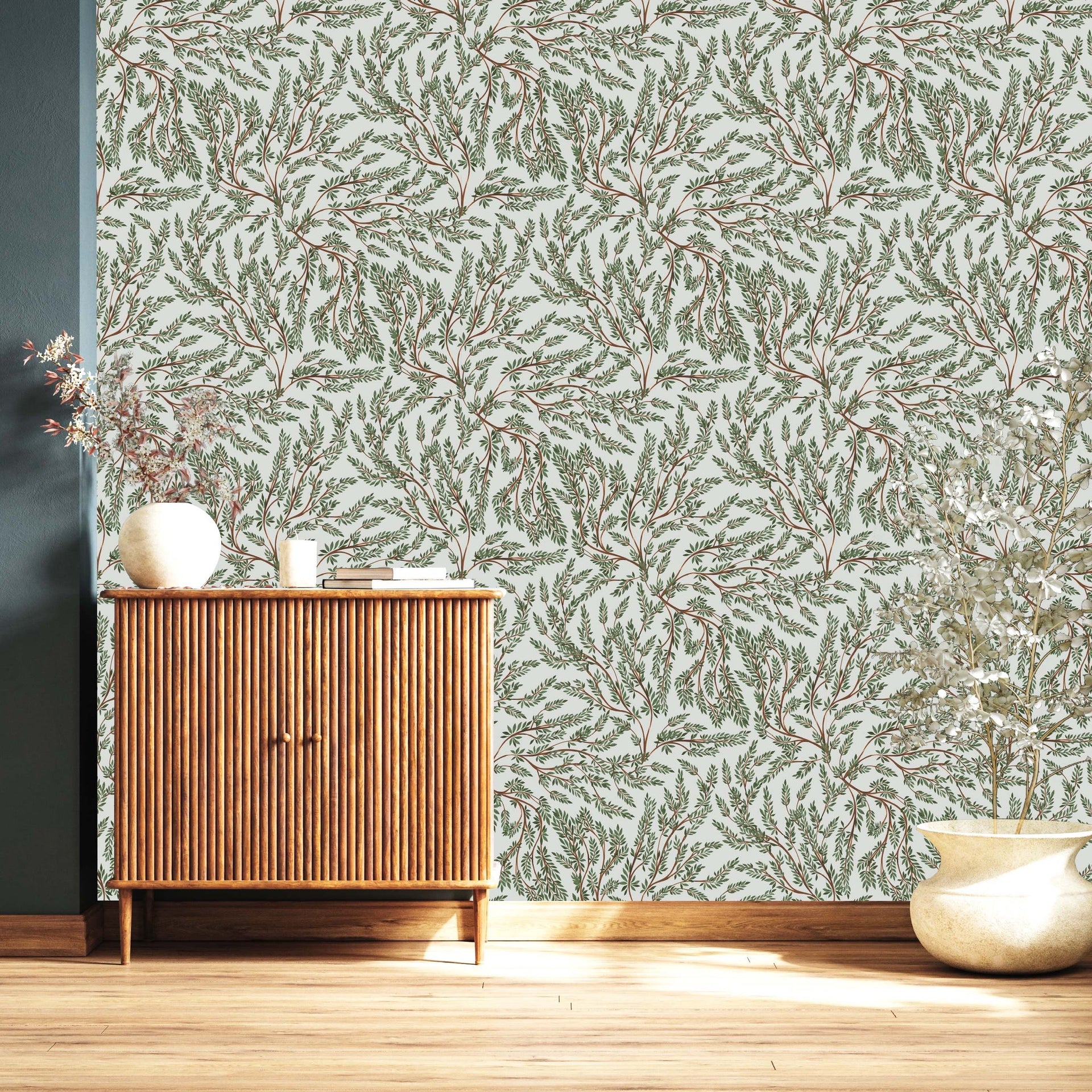 Cullen bohemian wallpaper in green, brown, off-white, and blue