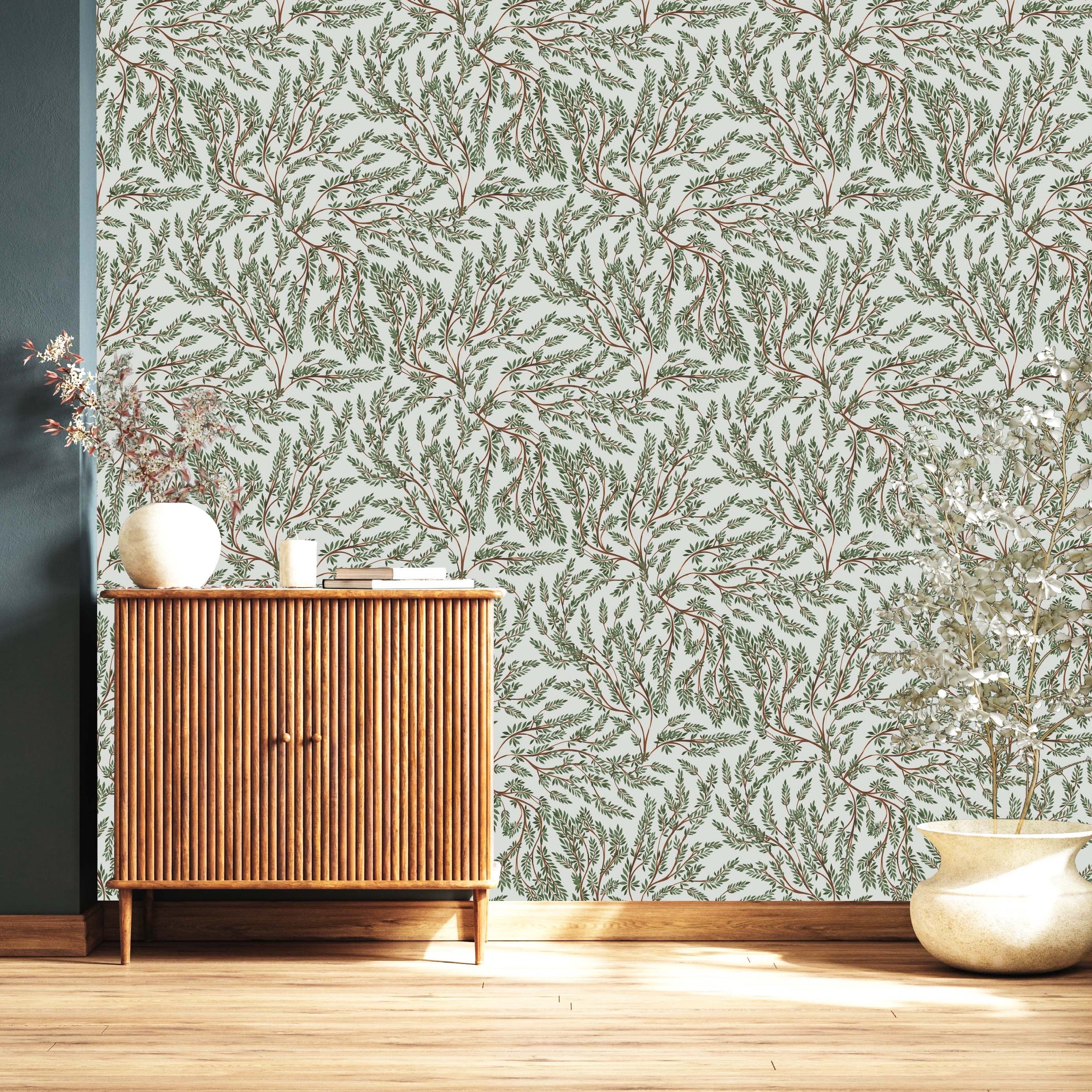 Cullen bohemian wallpaper in green, brown, off-white, and blue