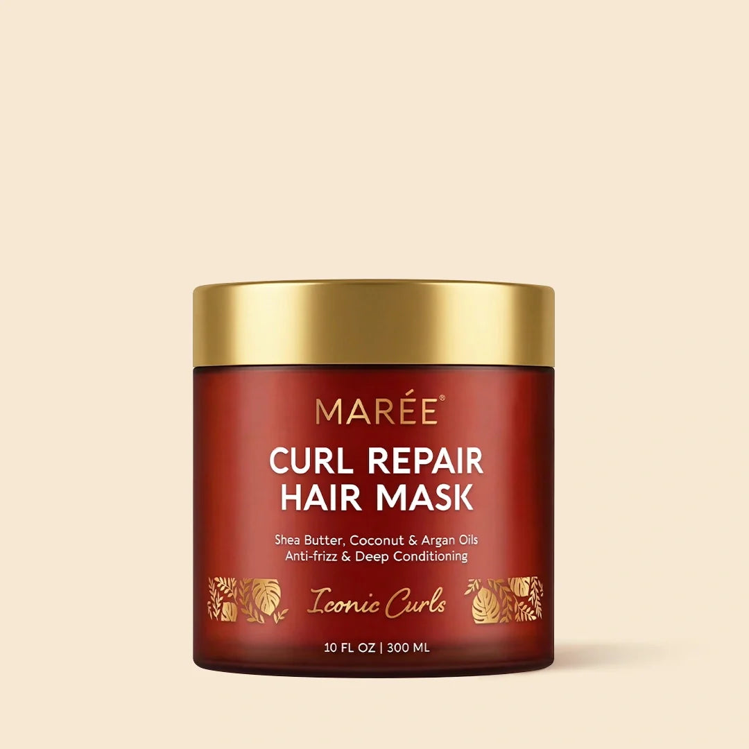 Maree Curl Repair Hair Mask container with gold lid on light background