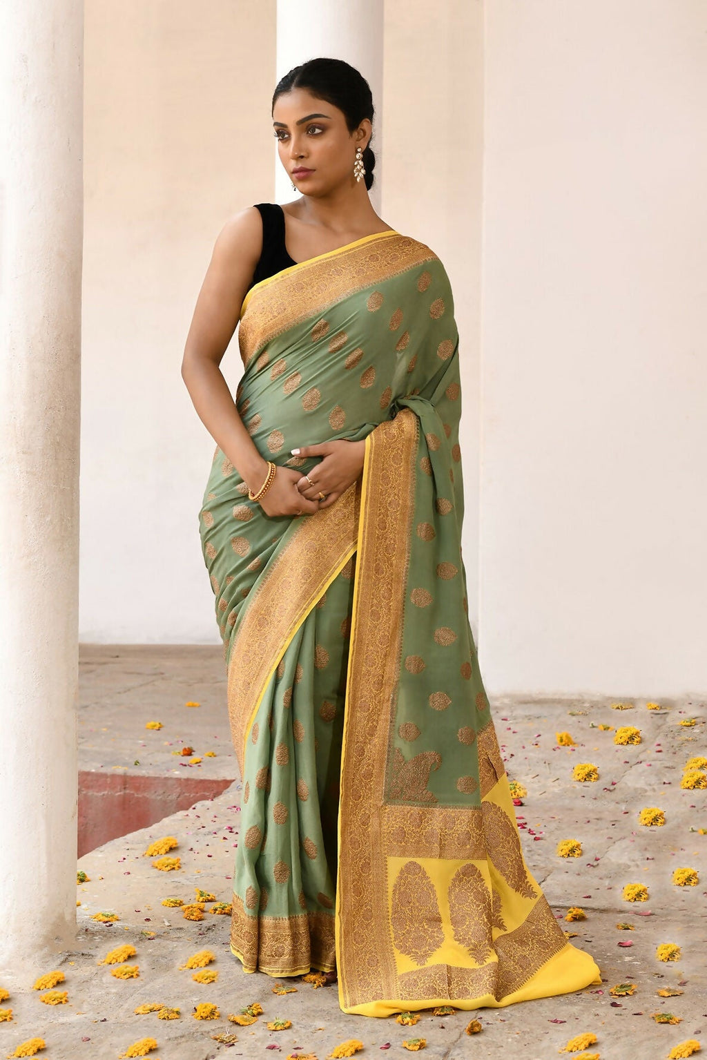 Grass Green Crepe Chiffon Handloom Banarasi Silk Saree with elegant drape