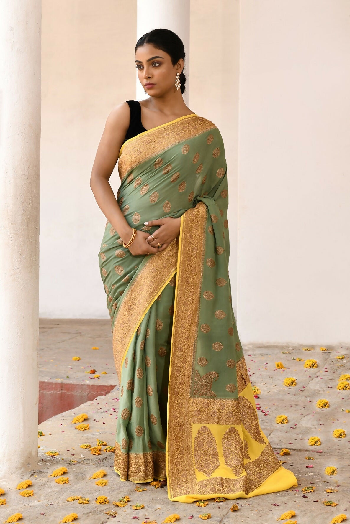 Grass Green Crepe Chiffon Handloom Banarasi Silk Saree with elegant drape