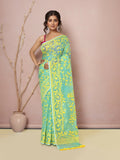 Light green cotton blend Jamdani saree showcasing fine traditional weave patterns.