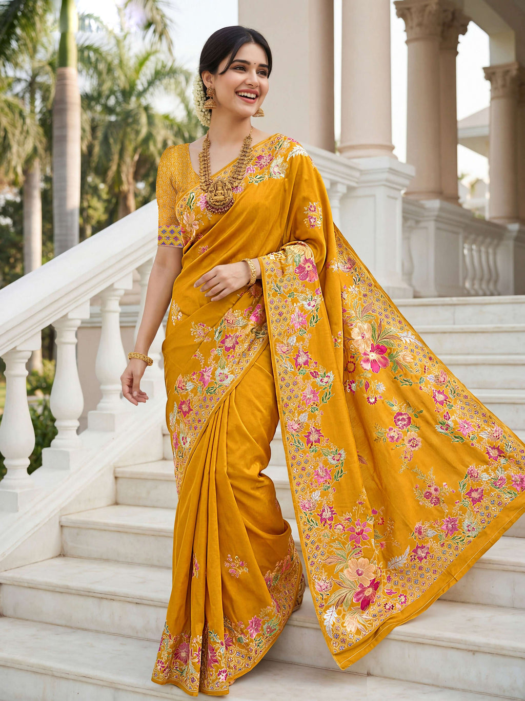 Mustard Russian Silk Designer Saree with Floral Position Print