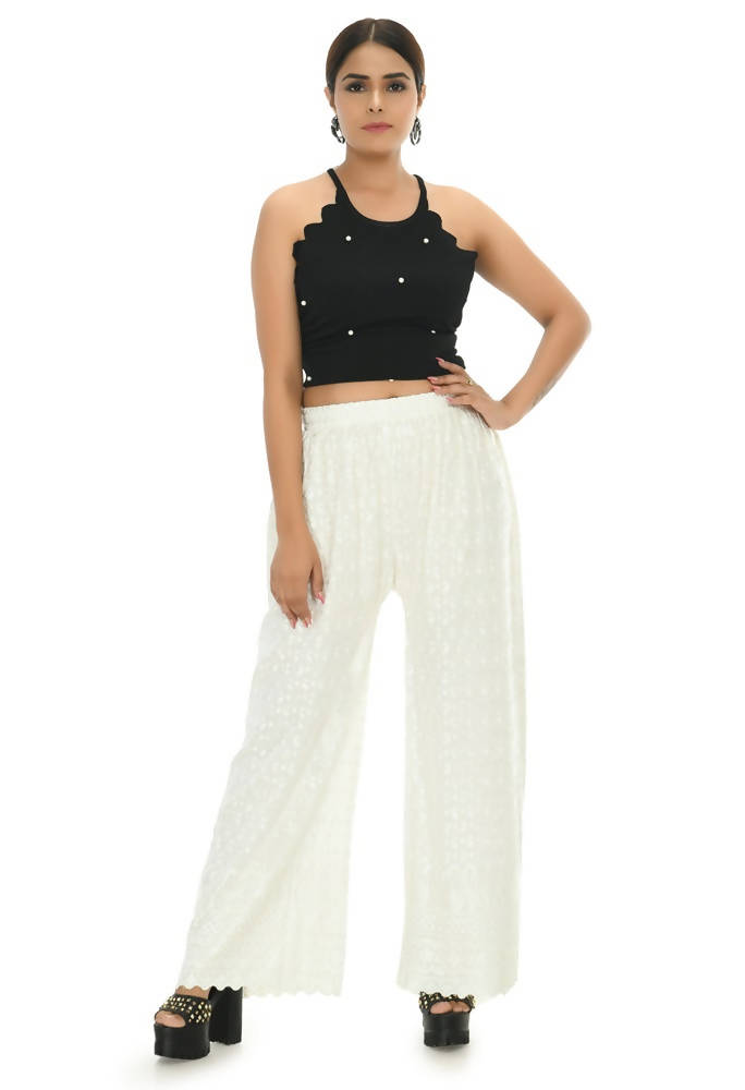 Off White Chikankari Palazzo Pants in Rayon Cotton