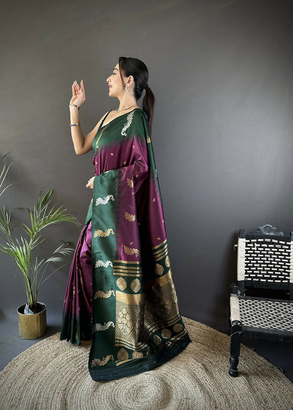 Green Peacock Butti Banarasi Soft Silk Saree with Blouse Piece