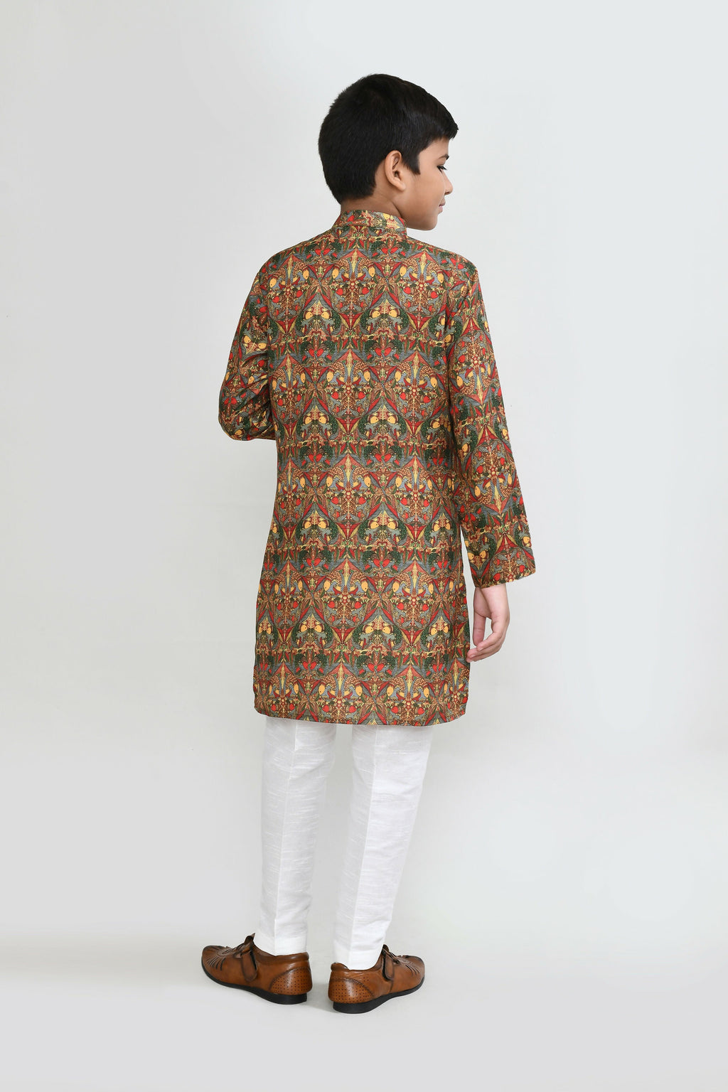 Kids Multicolor Cotton Kurta Set with White Straight Fit Pants