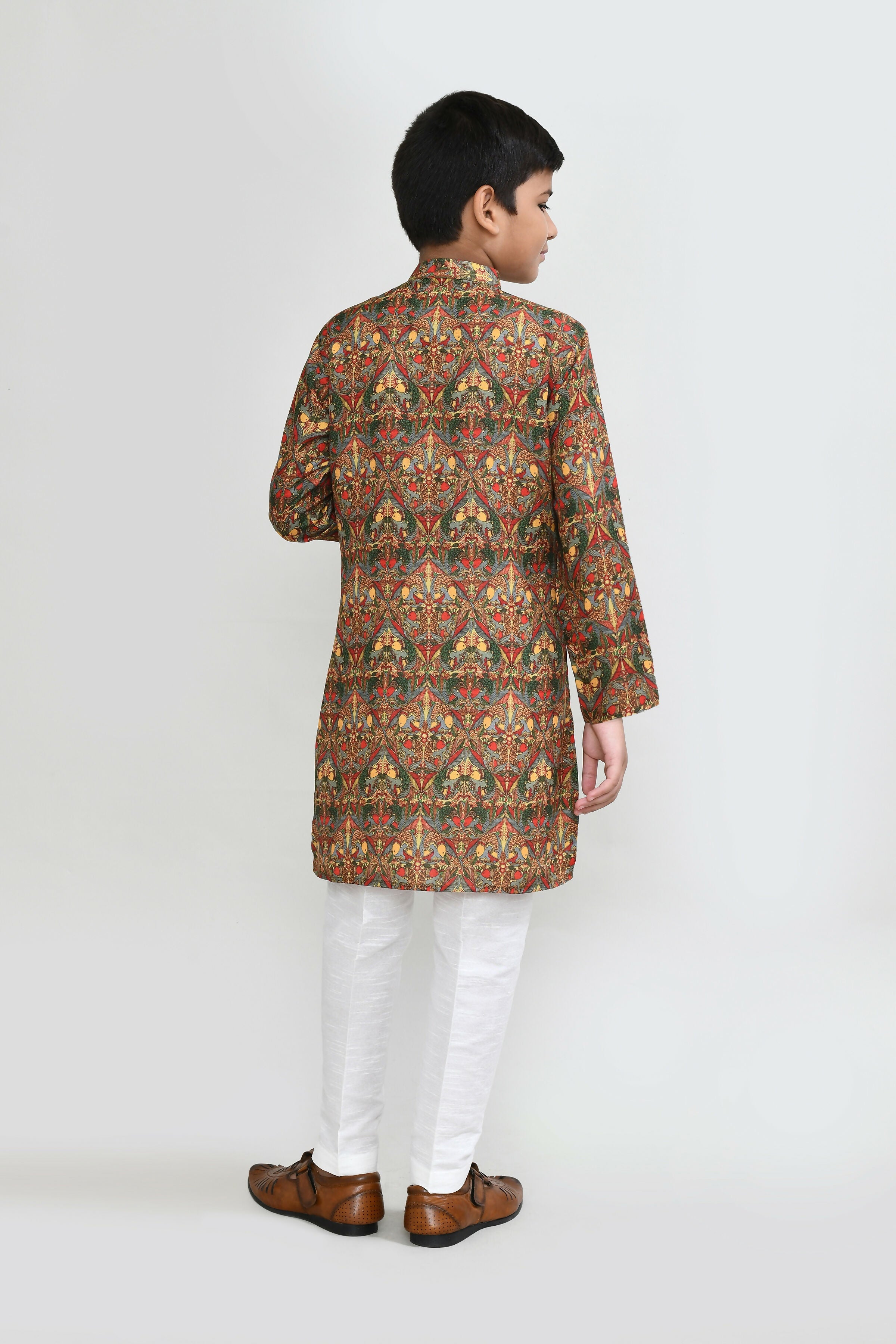 Kids Multicolor Cotton Kurta Set with White Straight Fit Pants